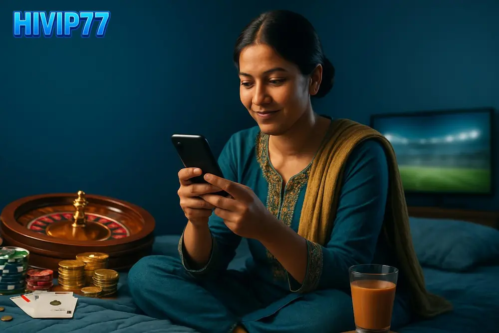 HIVIP77 App Download โ a Bangladeshi woman sitting cross-legged on a bed setting up a mobile app with a cup of chai HIVIP77 App Download โ a Bangladeshi woman sitting cross-legged on a bed setting up a mobile app with a cup of chai