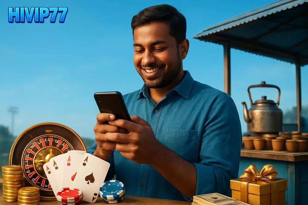 HIVIP77 App Download โ a Bangladeshi man standing outdoors near a tea stall smiling while downloading an app on his HIVIP77 App Download โ a Bangladeshi man standing outdoors near a tea stall smiling while downloading an app on his