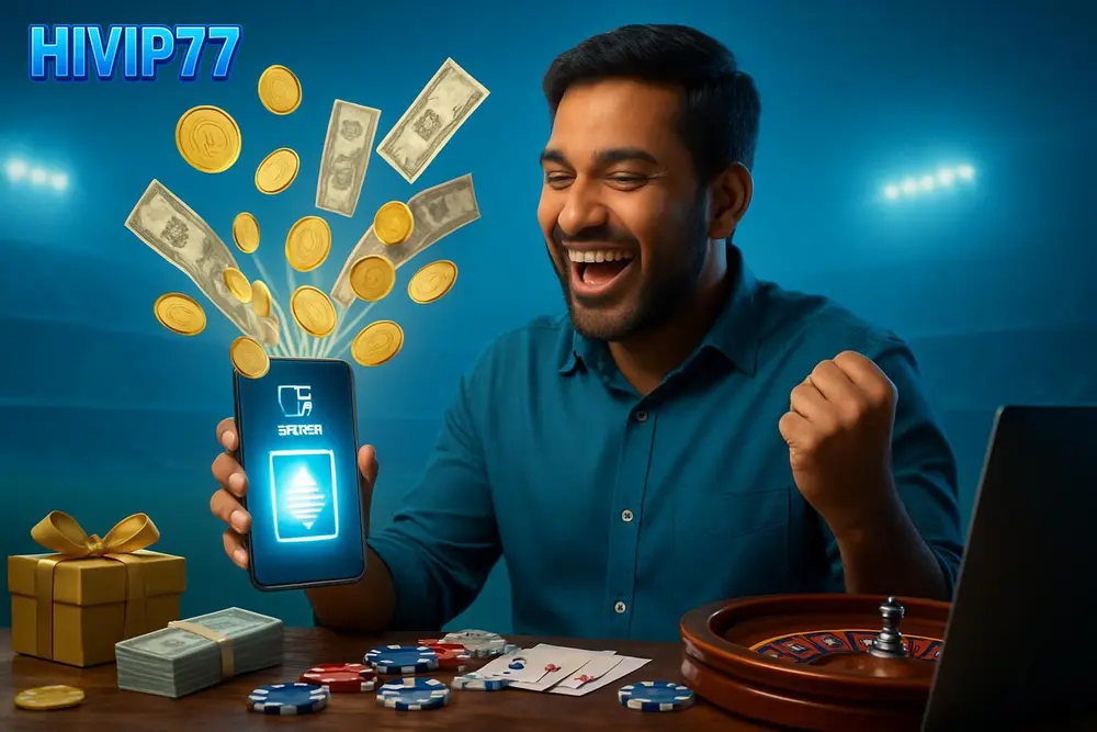 HIVIP77 bKash Deposit โ a happy Bangladeshi man celebrating as gold coins and banknotes fan out around a glowing HIVIP77 bKash Deposit โ a happy Bangladeshi man celebrating as gold coins and banknotes fan out around a glowing