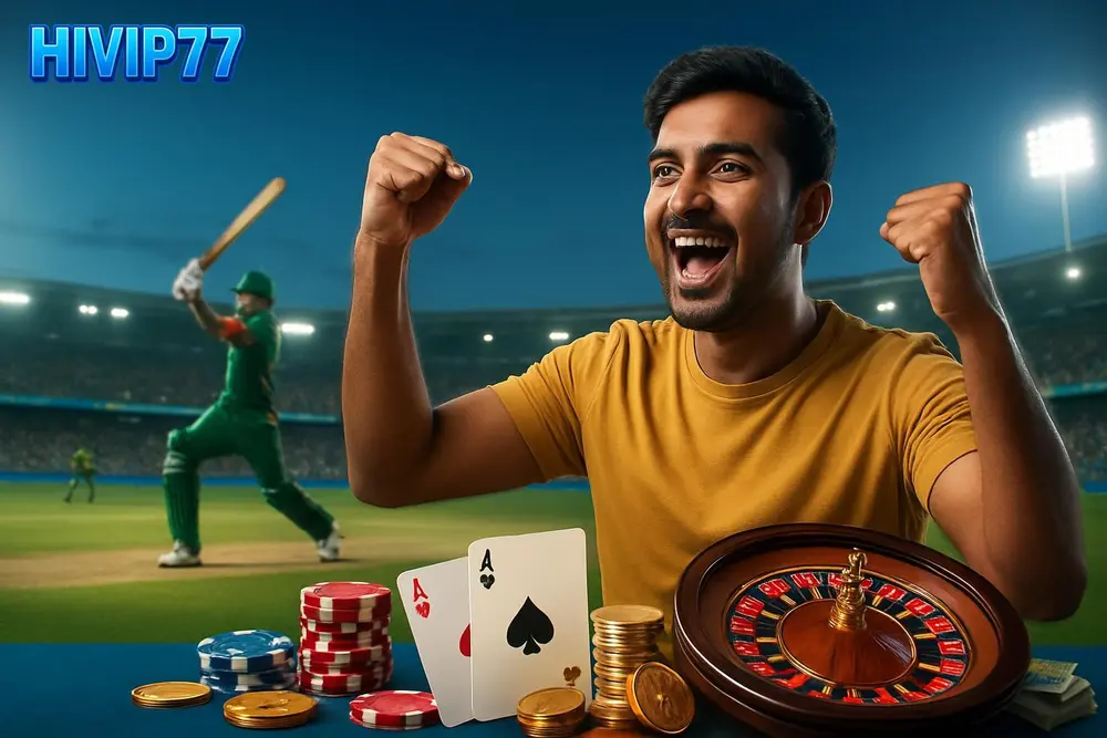 HIVIP77 Cricket Betting โ a cheering fan in a packed cricket stadium as a batsman hits a six on the floodlit field HIVIP77 Cricket Betting โ a cheering fan in a packed cricket stadium as a batsman hits a six on the floodlit field