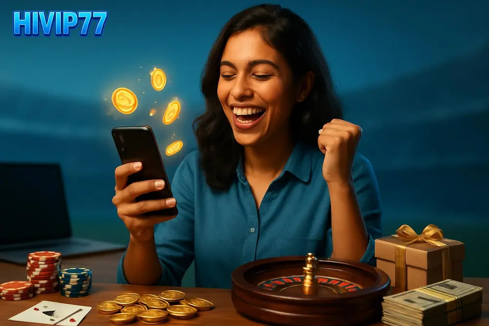 HIVIP77 Bangladesh โ a young Bangladeshi woman celebrating cheerfully while holding a smartphone with glowing coins HIVIP77 Bangladesh โ a young Bangladeshi woman celebrating cheerfully while holding a smartphone with glowing coins