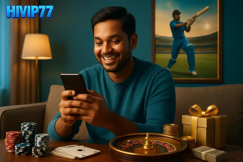 HIVIP77 Bangladesh โ a smiling Bangladeshi man sitting on his sofa using a smartphone with a warm living room and HIVIP77 Bangladesh โ a smiling Bangladeshi man sitting on his sofa using a smartphone with a warm living room and